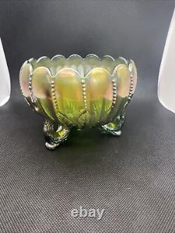 Vintage Northwood Carnival Glass Iridescent Green Rose Bowl