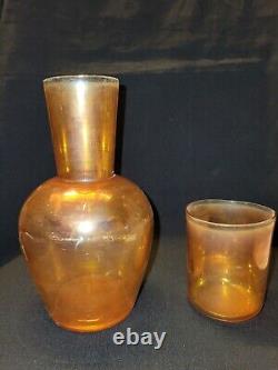 Vintage Old Marigold Imperial Carnival Glass Iridescent Plain Flask With Glass