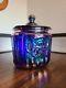 Vintage Open Rose Mayfair Biscuit Cookie Jar Cobalt Carnival Glass Iridescent