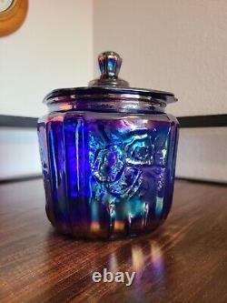 Vintage Open Rose Mayfair Biscuit Cookie Jar Cobalt Carnival Glass Iridescent