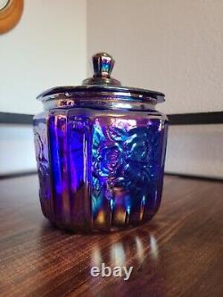 Vintage Open Rose Mayfair Biscuit Cookie Jar Cobalt Carnival Glass Iridescent