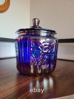 Vintage Open Rose Mayfair Biscuit Cookie Jar Cobalt Carnival Glass Iridescent