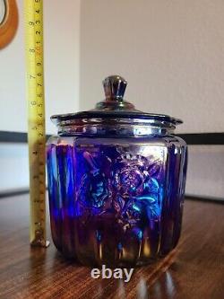 Vintage Open Rose Mayfair Biscuit Cookie Jar Cobalt Carnival Glass Iridescent