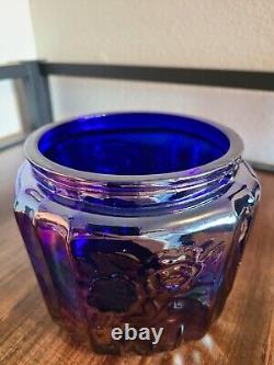 Vintage Open Rose Mayfair Biscuit Cookie Jar Cobalt Carnival Glass Iridescent