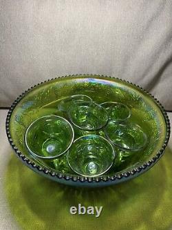 Vintage Princess Indiana Carnival Glass Iridescent Lime Green Punch Bowl Set