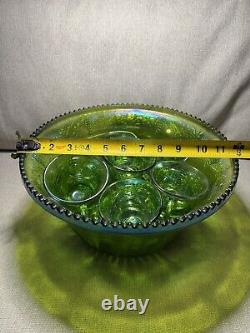 Vintage Princess Indiana Carnival Glass Iridescent Lime Green Punch Bowl Set