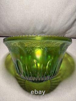 Vintage Princess Indiana Carnival Glass Iridescent Lime Green Punch Bowl Set