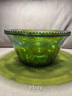 Vintage Princess Indiana Carnival Glass Iridescent Lime Green Punch Bowl Set