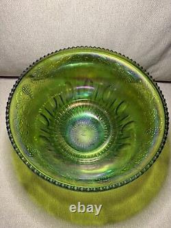 Vintage Princess Indiana Carnival Glass Iridescent Lime Green Punch Bowl Set