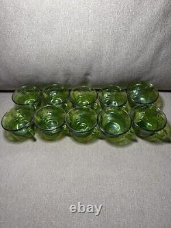 Vintage Princess Indiana Carnival Glass Iridescent Lime Green Punch Bowl Set