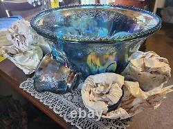 Vintage Punch Bowl Set Carnival Glass Blue 12 Cups Imperial Glass Grape w Clips