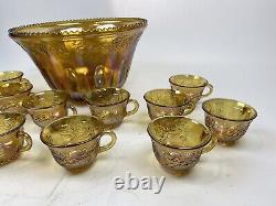 Vintage Punch Bowl Set Carnival Glass Marigold 12 Cups Gold Imperial Grape