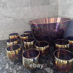 Vintage Purple Blue Iridescent Carnival Glass Punch Bowl And 12 Cups Set