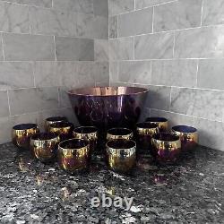 Vintage Purple Blue Iridescent Carnival Glass Punch Bowl And 12 Cups Set