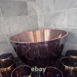 Vintage Purple Blue Iridescent Carnival Glass Punch Bowl And 12 Cups Set