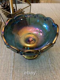 Vintage Purple Cobalt Marigold Iridescent Carnival Glass Footed Bowl / Compote