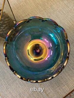 Vintage Purple Cobalt Marigold Iridescent Carnival Glass Footed Bowl / Compote