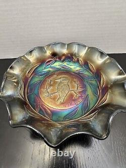 Vintage Rare Carnival Glass King Fisher Ruffle Edge 4184 Bowl