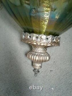 Vintage Retro Iridescent Green Carnival Glass Hanging Swag Light Fixture