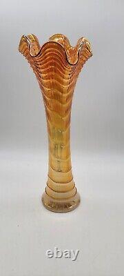 Vintage Ripple Marigold Carnival Glass Iridescent Vase 15 Tall. 3-7/8 Bottom