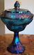 Vintage Shimmery Iridescent Blue /Purple Carnival Glass Pedestal Bowl W Lid