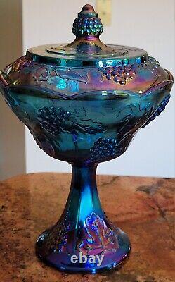 Vintage Shimmery Iridescent Blue /Purple Carnival Glass Pedestal Bowl W Lid