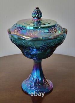 Vintage Shimmery Iridescent Blue /Purple Carnival Glass Pedestal Bowl W Lid