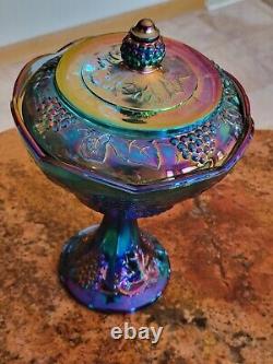 Vintage Shimmery Iridescent Blue /Purple Carnival Glass Pedestal Bowl W Lid