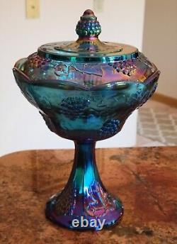 Vintage Shimmery Iridescent Blue /Purple Carnival Glass Pedestal Bowl W Lid