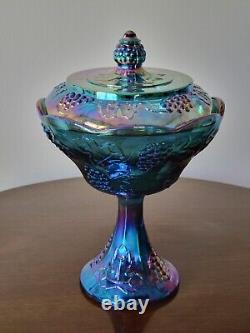 Vintage Shimmery Iridescent Blue /Purple Carnival Glass Pedestal Bowl W Lid