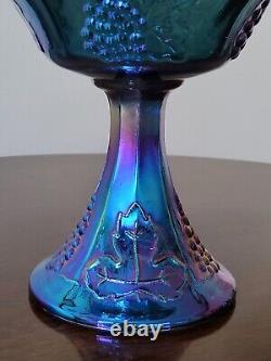 Vintage Shimmery Iridescent Blue /Purple Carnival Glass Pedestal Bowl W Lid