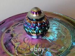 Vintage Shimmery Iridescent Blue /Purple Carnival Glass Pedestal Bowl W Lid