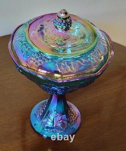 Vintage Shimmery Iridescent Blue /Purple Carnival Glass Pedestal Bowl W Lid