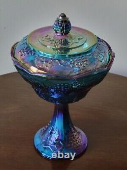 Vintage Shimmery Iridescent Blue /Purple Carnival Glass Pedestal Bowl W Lid