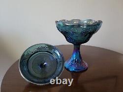 Vintage Shimmery Iridescent Blue /Purple Carnival Glass Pedestal Bowl W Lid