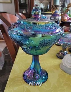 Vintage Shimmery Iridescent Blue /Purple Carnival Glass Pedestal Bowl W Lid