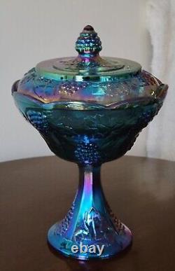 Vintage Shimmery Iridescent Blue /Purple Carnival Glass Pedestal Bowl W Lid