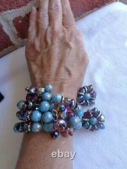 Vintage Signed Hobe Iridescent Purple Carnival Glass Beads Wrap Bracelet Set