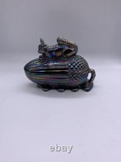 Vintage Squirrel on an Acorn Carnival Glass Candy Dish Very Rare Iridescent