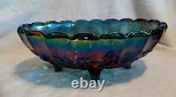 Vintage blue iridescent carnival glass grapevine design fruit bowl