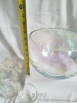 Vintage midcentury Draping Iridescent Glass Punch Bowl +12 cups Set amazing