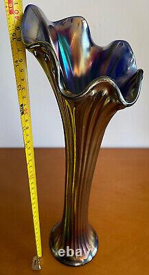 Vtg 16 Fenton Cobalt Blue Iridescent Carnival Glass Fine Rib Swung Vase