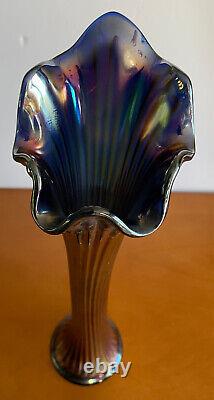 Vtg 16 Fenton Cobalt Blue Iridescent Carnival Glass Fine Rib Swung Vase