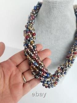 Vtg Art Glass Cobalt Peacock Carnival Iridescent Bead Necklace Chunky Statement