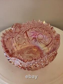Vtg. Carnival Cut Glass Iridescent Pink Comet In The Stars Saw Tooth Bowl