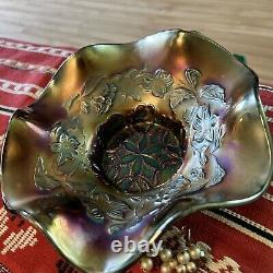 Vtg Carnival Glass Iridescent Amethyst Dugan ruffle Bowl 8x3 estate