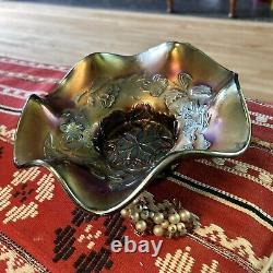 Vtg Carnival Glass Iridescent Amethyst Dugan ruffle Bowl 8x3 estate