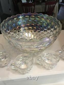 Vtg Federal Glass Iridescent Thumbprint Punch Bowl with8 Cups MINT 18 Pc withHooks