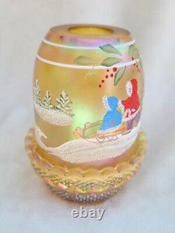 Vtg Fenton Iridescent Topaz Carnival Glass Fairy Lamp Light Sledding Snow Scene