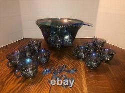 Vtg INDIANA Iridescent Blue Carnival Glass Princess Punch Bowl 12Cups/Hooks 1297